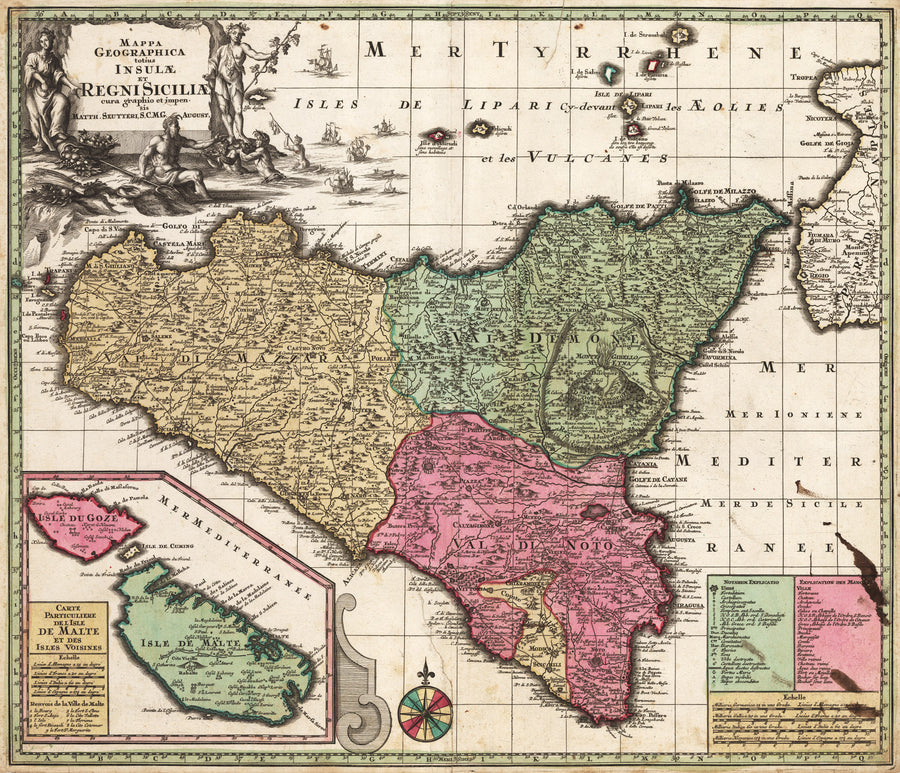 Antique Map of Sicily by Seutter 1730 - Mappa Geographica totius Insulae et Regni Siciliae