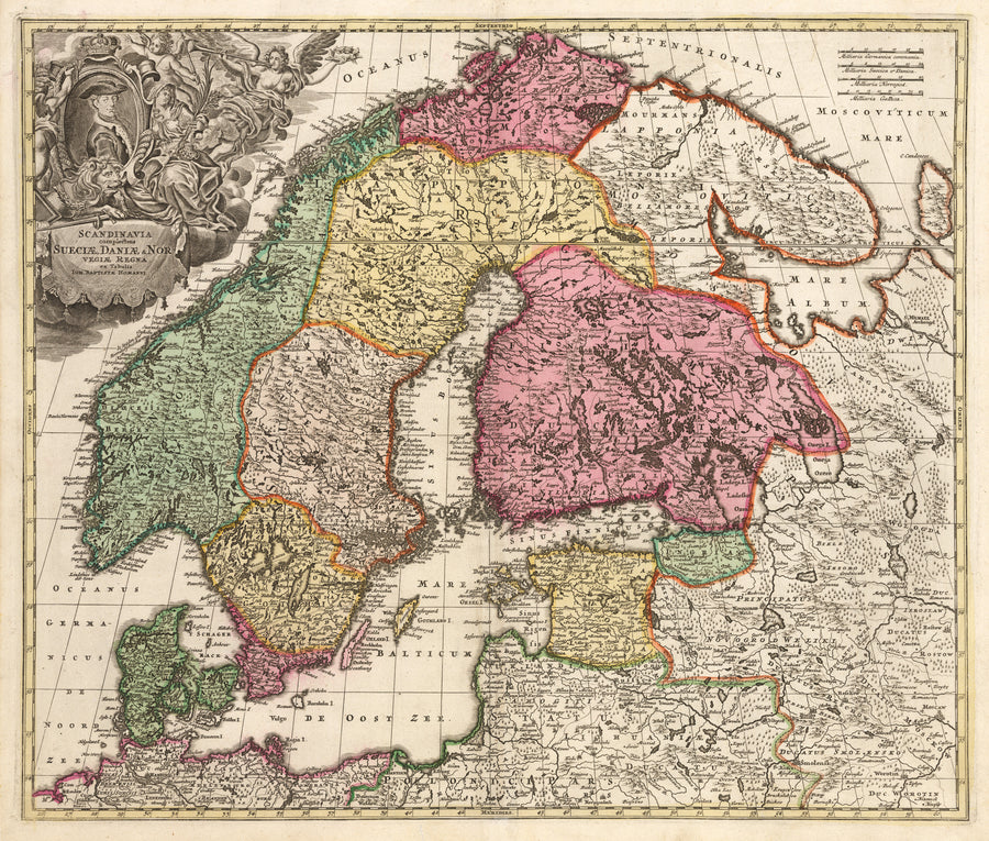 Scandinavia complectens Sueciae, Daniae & Norvegiae Regna ex Tabulis Ion. By: Johann Baptiste Homann, Date: 1720 (Pub) Nuremburg