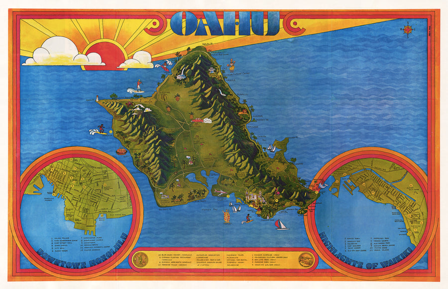 Vintage Pictorial Map of Oahu by: Freya Tanz 1974 - nwcartographic.com
