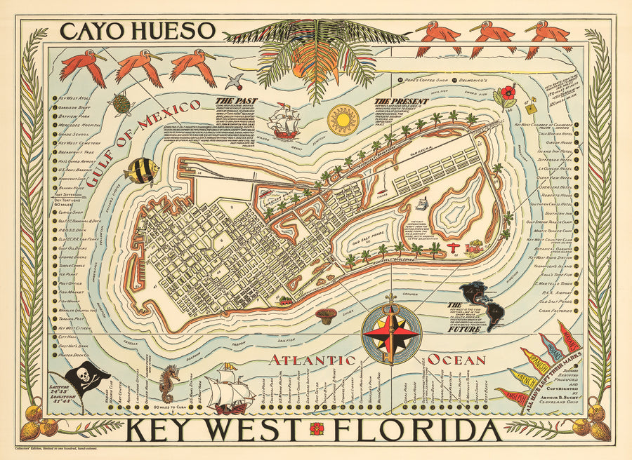 Vintage Map of Key West Florida. Cayo Hueso 1940