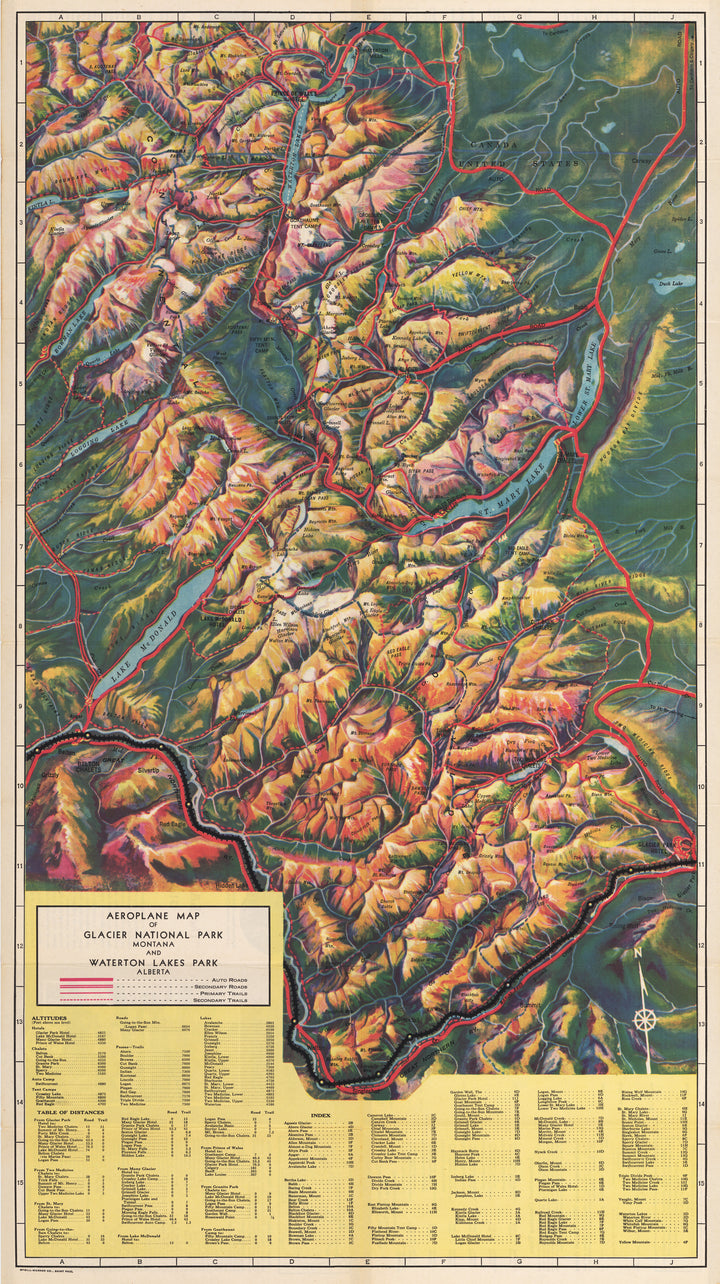 Vintage Aeroplane Map of Glacier National Park Montana and Waterton Lakes Park Alberta