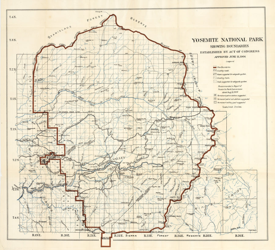 Antique Map of Yosemite National Park Showing Boundaries Established by Act of Congress Approved June 11, 1906