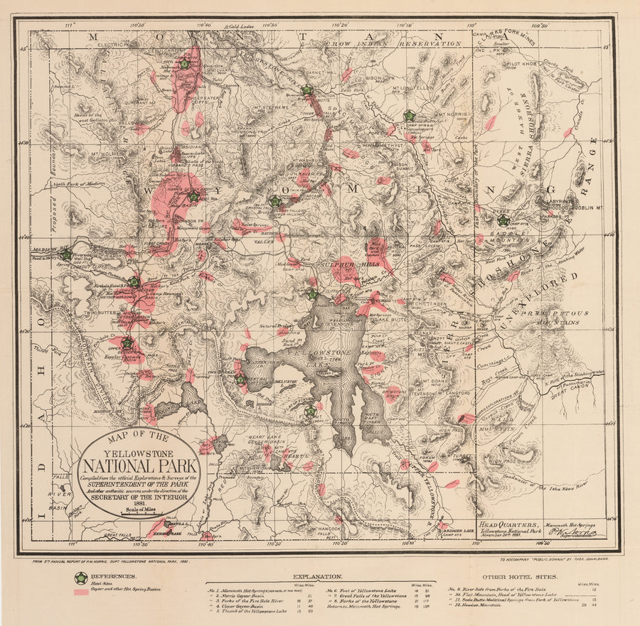 Antique Map of the Yellowstone National Park 1881