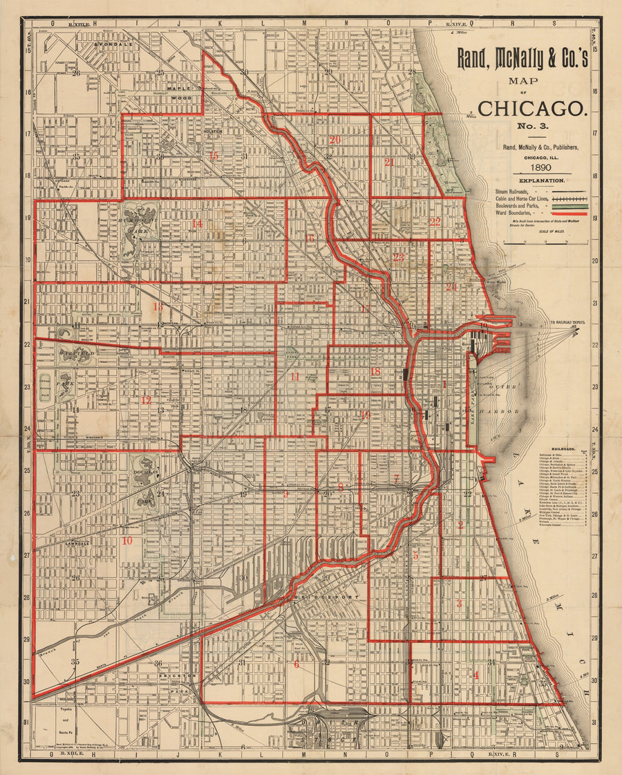 Antique Map of Chicago No. 3 By: Rand, McNally & Co.,, Date: 1890 (Published) Chicago, Dimensions: 26.5 x 20.75 inches