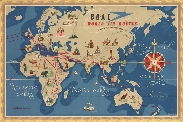 Antique Map BOAC World Air Routes 1949 EO Seymour