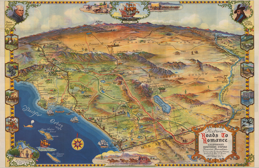 Historic Roads to Romance, California’s Southern Empire, Tourist Paradise, California, Pictorial, Antique Map, Bird's Eye View, West Coast, 20th Century, Claude G Putnam