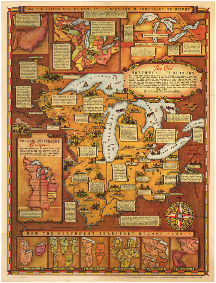 How The United States Came Into The Possession Of Northwest Territory, 20th Century, Antique map, Minnesota, Ohio, Michigan, Wisconsin, Illinois, Indiana, Great Lakes, Rentschler