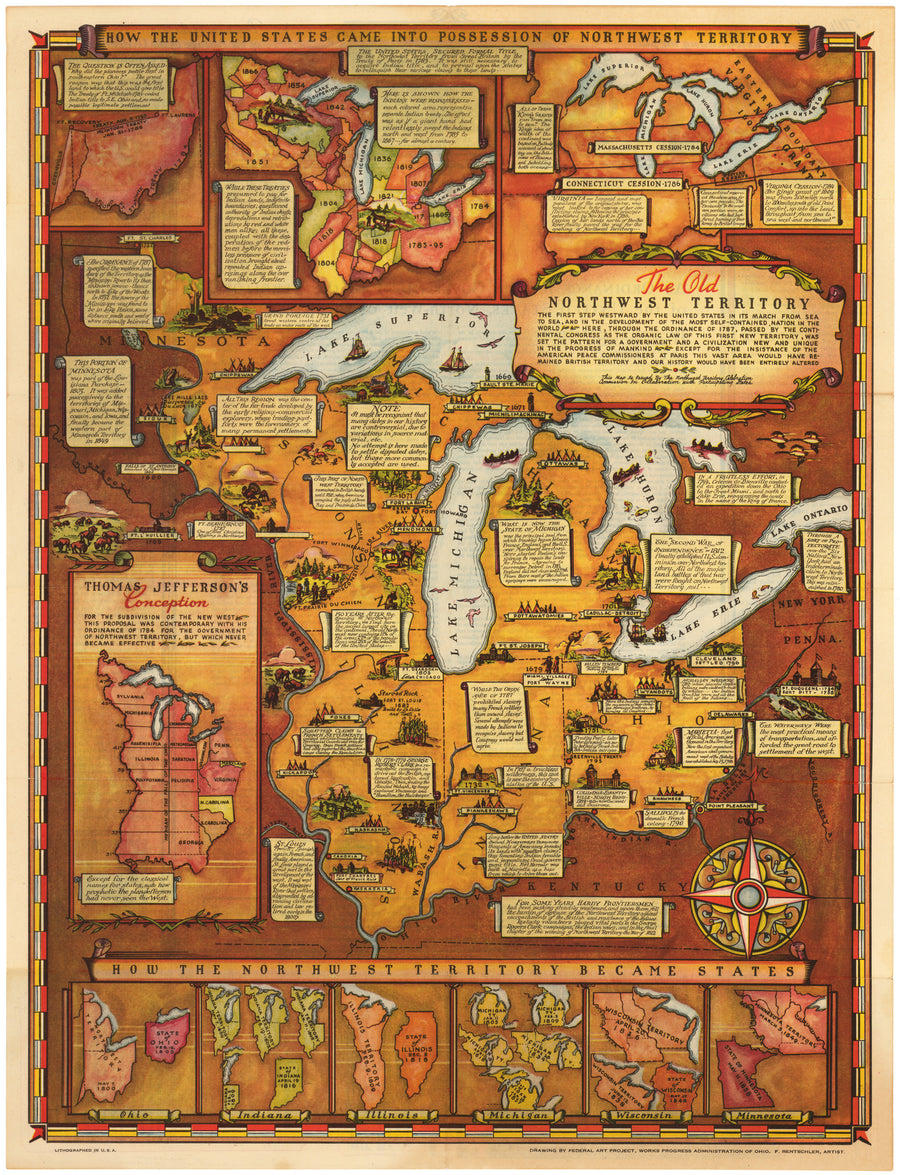 How The United States Came Into The Possession Of Northwest Territory, 20th Century, Antique map, Minnesota, Ohio, Michigan, Wisconsin, Illinois, Indiana, Great Lakes, Rentschler