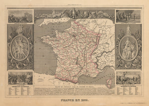 France en 1850, Victor Levasseur, Antique map, French, Political borders, illustrated map