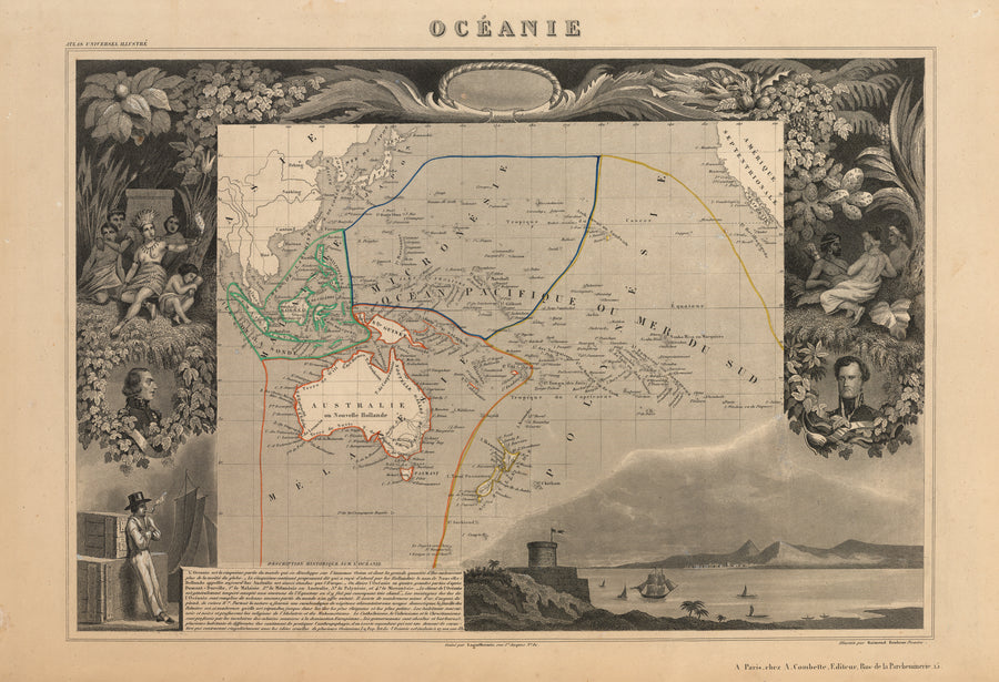 Oceanie, Pacific Ocean, Victor Levasseur, 19th Century, Antique Map, Australia, South Pacific, California coast