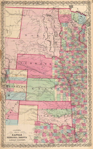 Colton’s Map of Kansas, Nebraska, Dakota & Indian Territory, Civil war era, Antique map, Joseph Hutchins Colton, United States, 19th Century