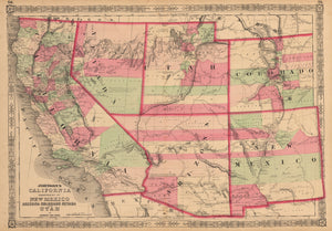 Johnson’s California Territories of, New Mexico, Arizona, Colorado, Nevada, Utah, antique map, AJ Johnson, 19th Century, United States, West Coast