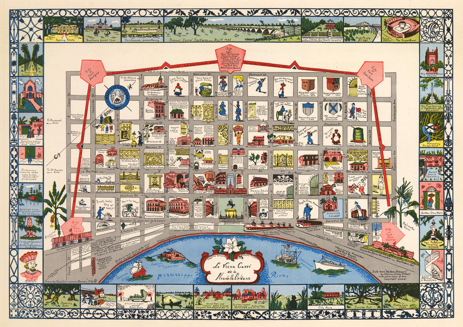 La Vieux Carre de la Nouvelle Orleons, New Orleans, Pictorial, Antique Map, Landmarks, Historic, 20th Century