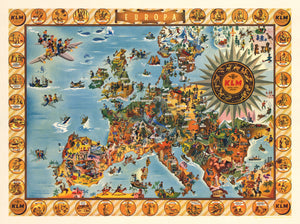 1950, Europa, 20th century, antique map, europe, KLM, Dutch, airways, airlines, Pictorial