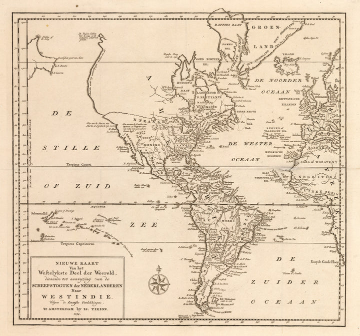 Nieuwe Kaart Van het Westelykste Deel der Weereld, dienende tot aanwyzing van de Scheepstogten der Nederlanderen Naar Westindie. Volgens de Liaatste Ontdekkingen, North America, South America, 18th Century, Tirion, Antique Map