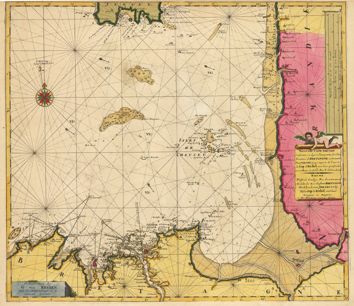 Nouvelle Carte marine croissante en degres d’une partie des Cotes maritimes de Normandie et Bessin, entirant depuis Beree jusqu’ a Cherbourg, avec leurs profondeurs et Bans de Sable….