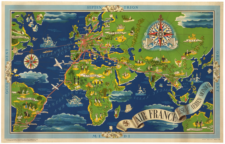 Air France Reseau Aerien Mondial, World, Airline, Pictorial, 20th Century, Antique Map