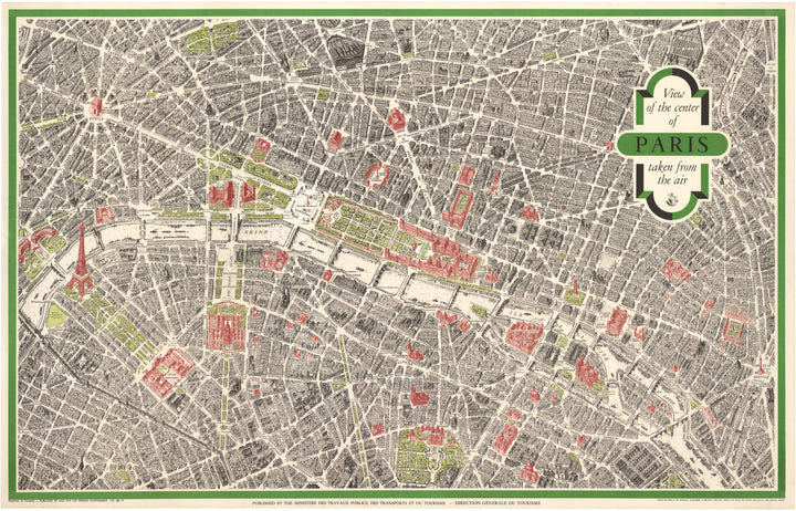 View of the Center of Paris taken from the air, France, Antique map, 20th century