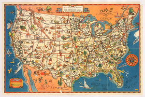 A good-natured map of the United States setting forth the services of The Greyhound Lines and a few principal connecting bus lines