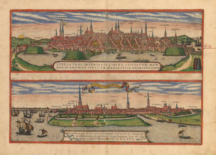 Antique Print of Lübeck and Hamburg by Braun & Hogenberg : nwcartographic.com