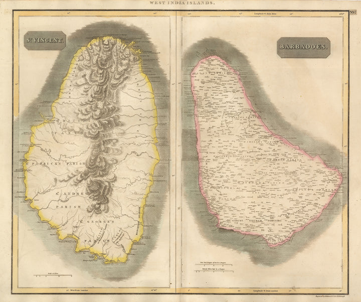 Antique Map of St. Vincent and Barbados by Thompson 1817