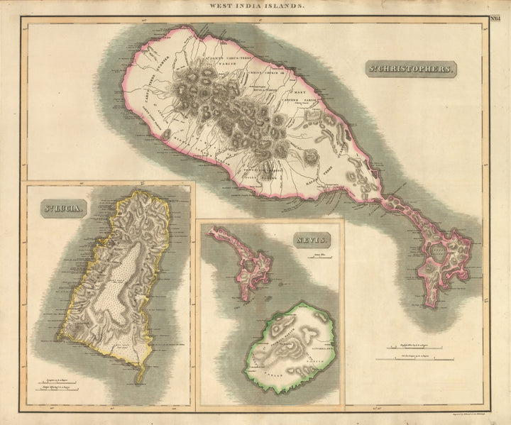 Antique Map of St. Kitts and St. Lucia by Thompson 1817 : nwcartographic.com