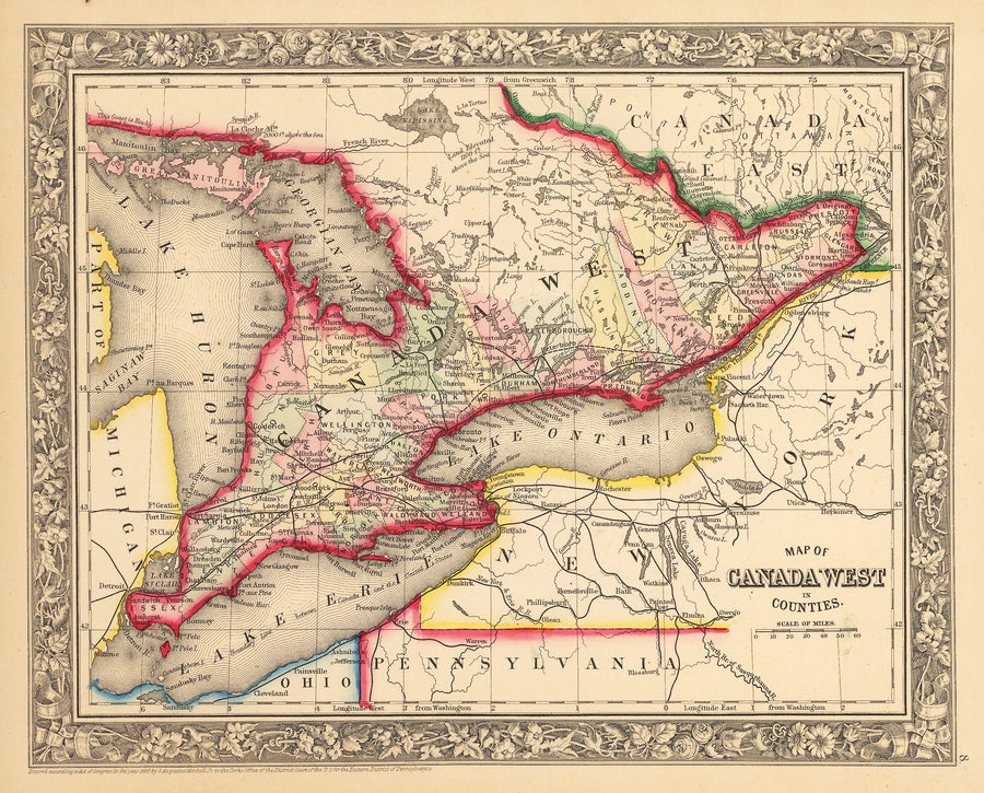 Antique Map of Lower Ontario Canada by: Mitchell 1862 : nwcartographic.com