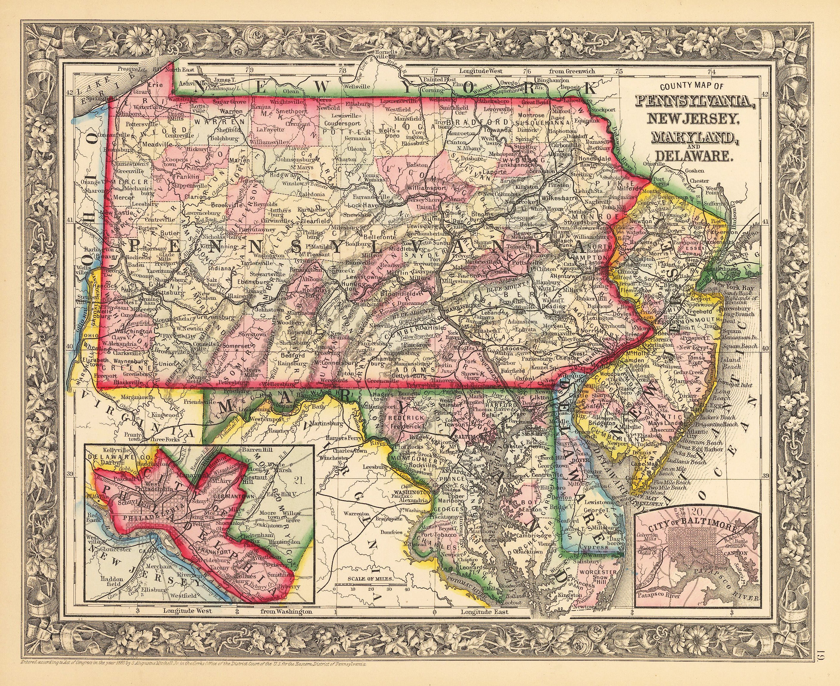 Antique Map of Pennsylvania, New Jersey, Maryland, Delaware
