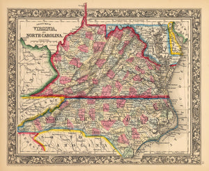 Antique Map of Virginia and North Carolina by Mitchell 1862 : nwcartographic.com