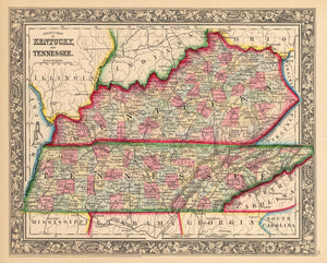 Antique Map of Kentucky and Tennessee by: Mitchell 1862 : nwcartographic.com