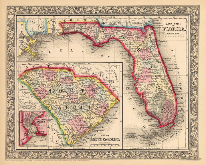 Antique Map of Florida and South Carolina by: Mitchell 1862 : nwcartographic.com