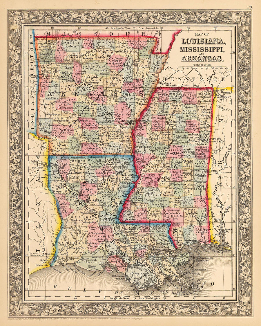 Antique Map of Louisiana, Mississippi, and Arkansas 1862 : nwcartographic.com