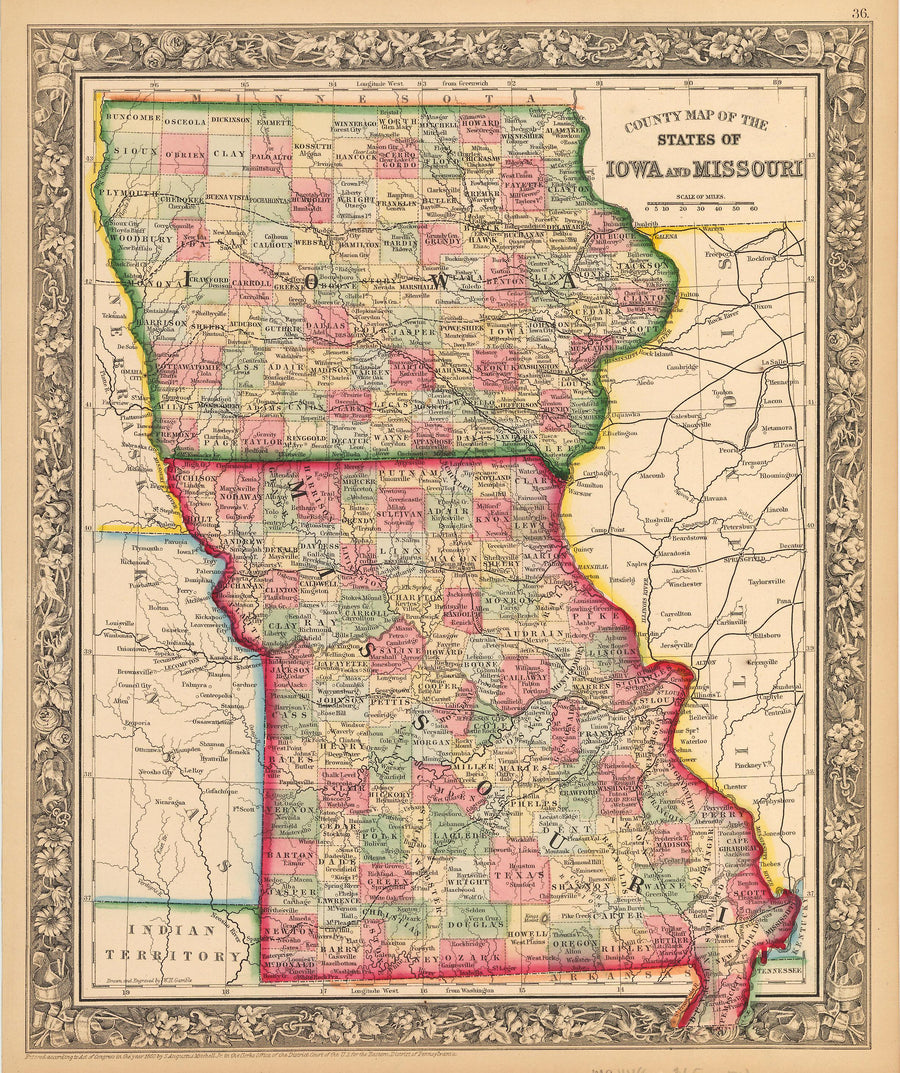 Antique Map of Missouri and Iowa by Mitchell 1862 : nwcartographic.com
