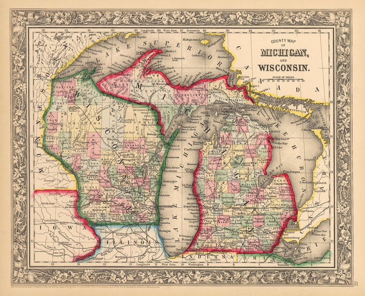 County Map of Michigan and Wisconsin, Antique map, old map, vintage map, 19th century, lithograph, Michigan, Wisconsin 