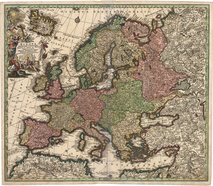 Europa Religionis Christianae Morum et Pacis ac Belli Artium Cultu Omnium Terrarum Orbis Partium praestantiss, Seutter, 18th century, antique, map, old, print, vintage, illustration, engraving, Europe, France, British Isles, Spain, Germany, Ottoman Empire