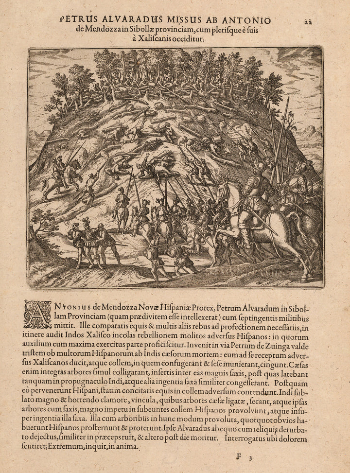 Petrus Alvaradus Missus Ab Antonio de Mendoain Sibollae provinciam, cum plerisque e suis a Xaliscanis occiditur, Mexico, Alvarado, Conquistador, Chichimec, jalisco, De Bry, antique map, old print, 16th century