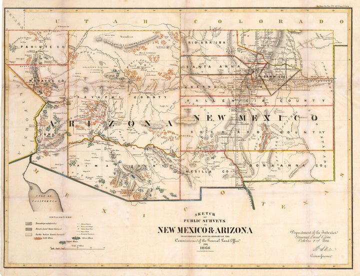 Sketch of Public Surveys in New Mexico & Arizona to accompany the annual report of the Comission of the General Land Office for 1866, New Mexico, Arizona, Southwest, United States, survey, old, map, antique, print, etching, engraving, 19th century