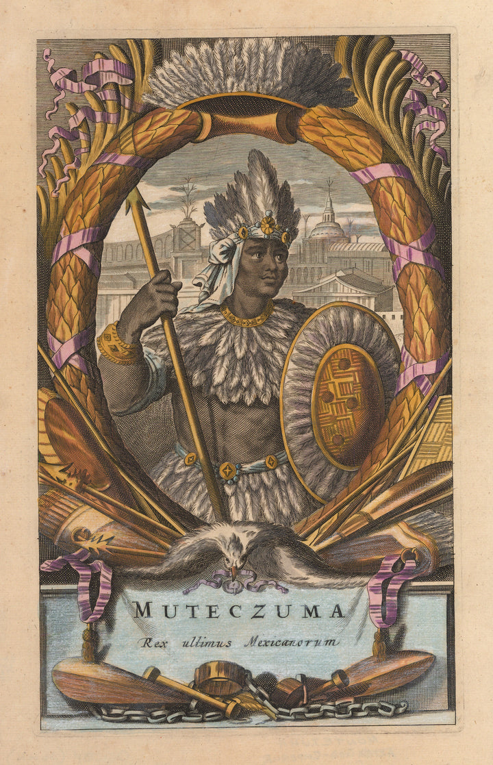 Muteczuma Rex ultimus Mexicanorum, 17th Century, Portrait, ruler, Montezuma, Montezuma II, Antique, Map, old, print, vintage, illustration, Aztec, king , Spanish, conquistadors, Cortes, Mexico, Mexico City, Ogilby