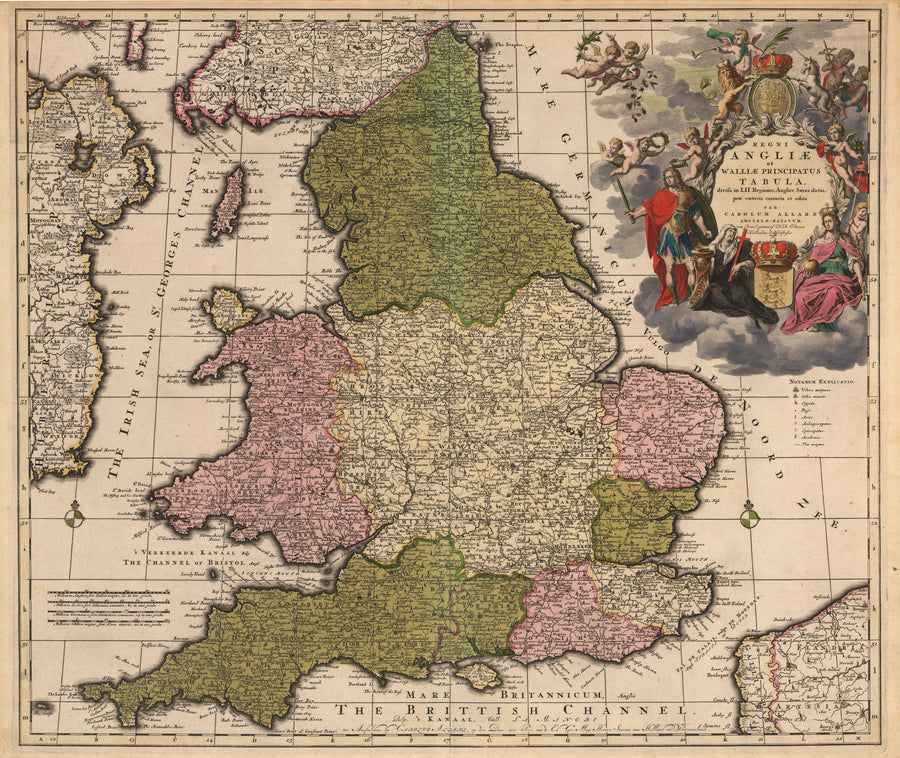 Antique Map of England by Covens & Mortier 1721 : Regni Angliae et Walliae Principatus Tabula, divisa in LII Regiones, Anglice Shire dictas, prae coeteris correcta et edita per Carolum Allard Amstelo – Batavum.