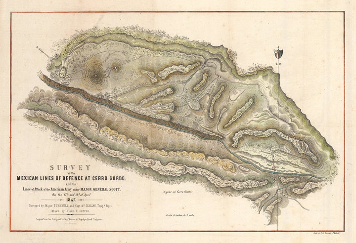 Survey of the Mexican Lines of Defence at cerro Gordo, and the Lines of Attack of the American Army under Major General Scott.