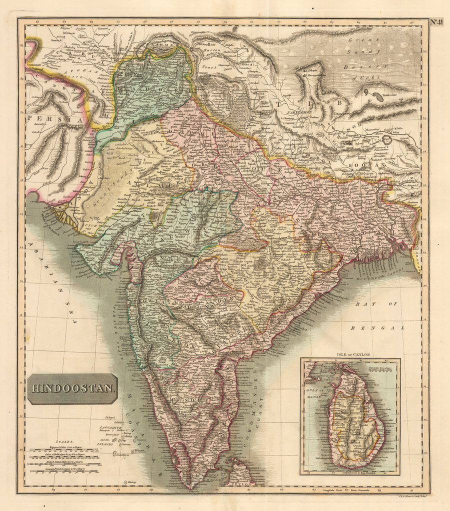 Hindoostan - Antique Map of India and Sri Lanka by John Thomson 1817 : nwcartographic.com