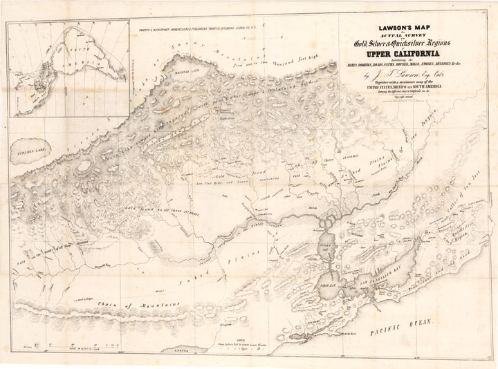 Antique California Gold Rush Map 1849 - Lawson’s Map from Actual Survey of the Gold, Silver & Quicksilver Regions Upper California Exhibiting the Mines, Diggings, Roads, Paths, Houses, Mills, Stores, Missions…