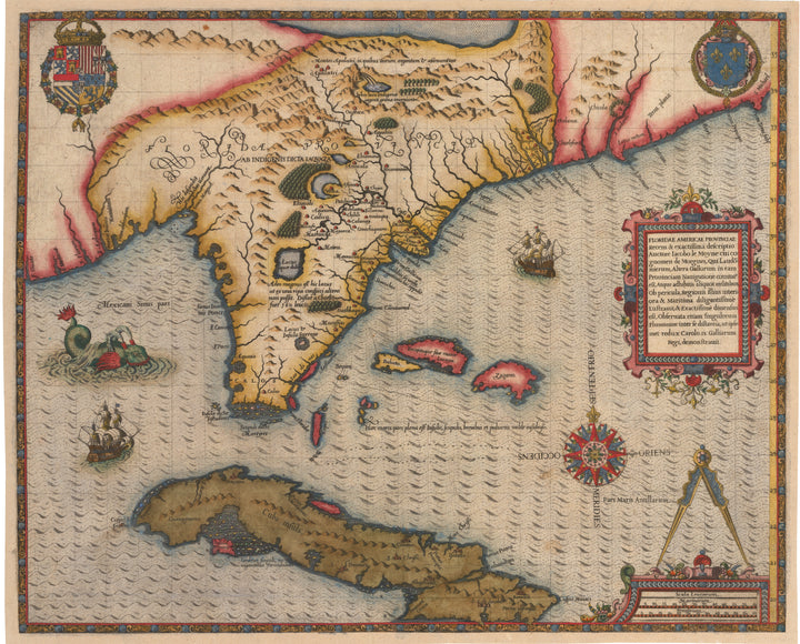 Antique Map of Florida & Southeast United States by le Moyne Floridae Americae Provinciae Recens & exactissima descriptio Auctore Iacobo le Moyne 1591