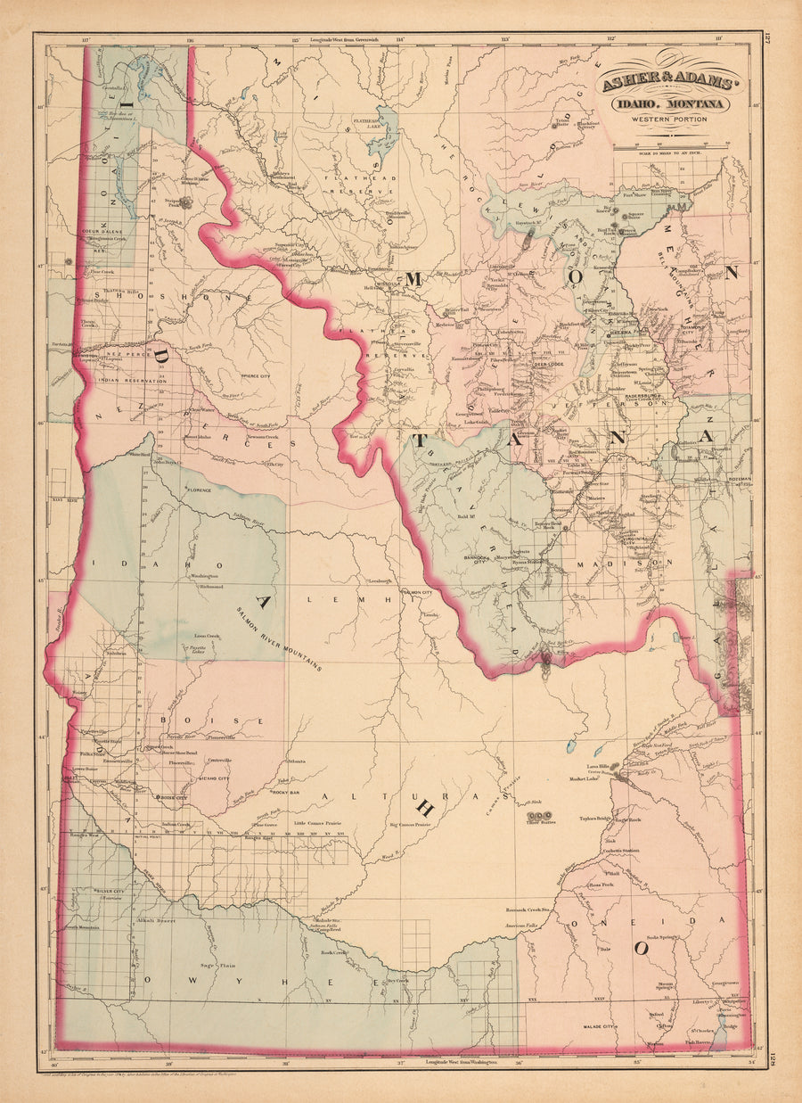 Asher & Adams Idaho, Montana, Western Portion : Antique Map of Idaho 1874 