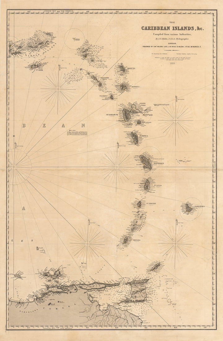 Antique Map of the The Caribbean Islands, & Lesser Antilles