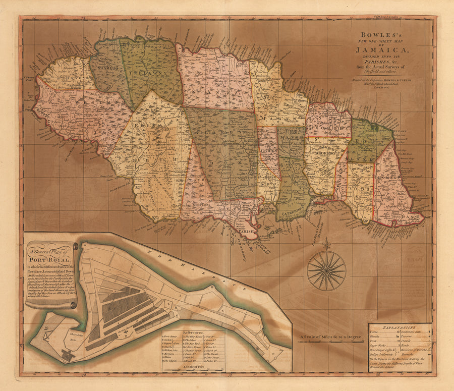 Bowles’ New One Sheet Map of Jamaica, Divided Into Its Parishes, & c. from the Actual Surveys of Sheffield and Others.