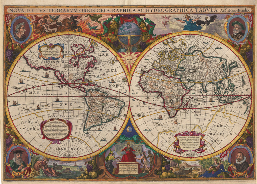 Antique Map of the World : Nova Totius Terrarum Orbis Geographica Ac Hydrographica Tabula Auct: Henr: Hondio. By: Jacobus Hondius Date: 1633