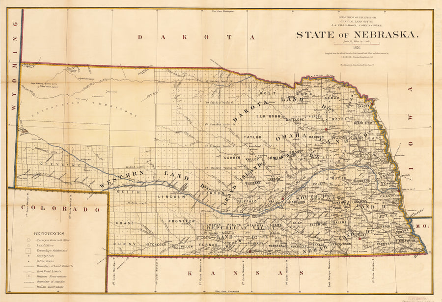 Antique Map of Nebraska By: General Land Office  Published by: Julius Bien Date: 1876 