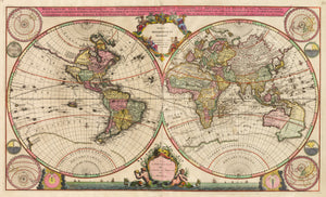Antique Map of the World : Mappe-Monde Geo-Hydrographique ou Descriptione Generale du Globe Terrestre et Aquatique en Deux Plans-Hemispheres…  By: Covens and Mortier Date: 1721