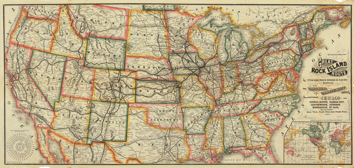 New and Correct Map of the Rock Island Route - Chicago, Rock Island & Pacific Railway By: George F. Cram Date: 1883 